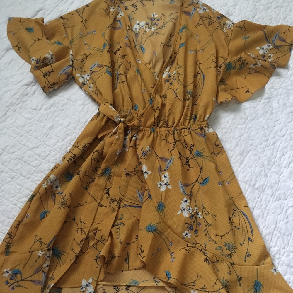 Yellow floral wrap around dress